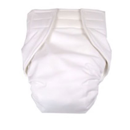 picture showing an all in one cloth adult diaper with hook and loop tabs holding it closed