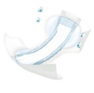 picture of an abena premium airplus adult diaper showing a white diaper with two white and blue tape tabs on each side