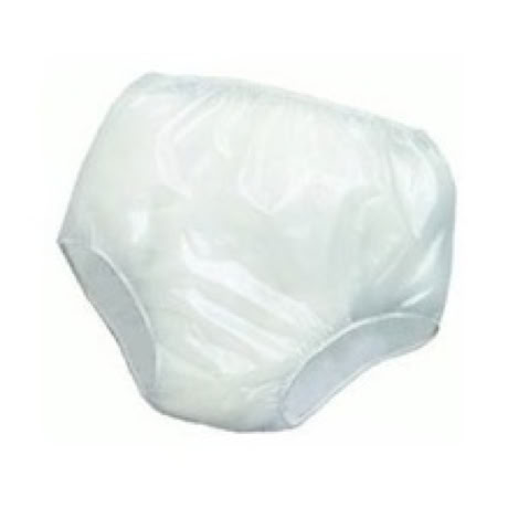 picture of a pair of white plastic pants that pull on over a diaper
