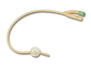 picture of a foley catheter which is a long tube with bladder drainage holes and a balloon for holding it in the bladder at one end and two ports at the other end one for a syringe and one a tubing connector for drainage into a leg bag